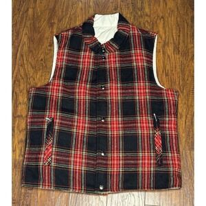 Vintage Sears Reversible Puffer Vest Red Plaid Acrylic Wool‎ / White Med Women's